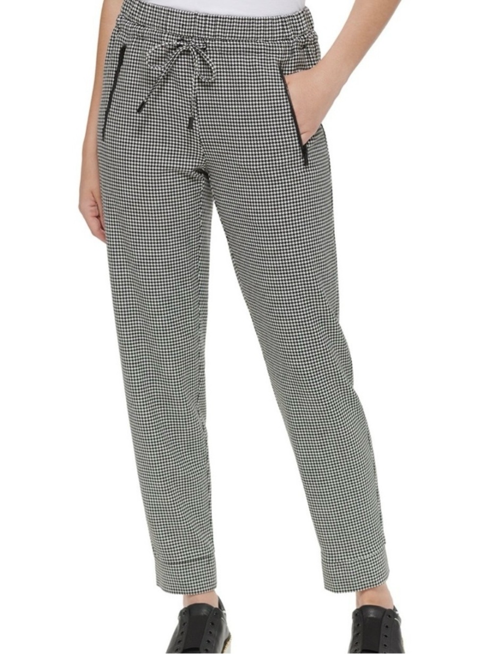 Karl Lagerfeld Black & White Houndstooth Relaxed Fit Drawstring Joggers